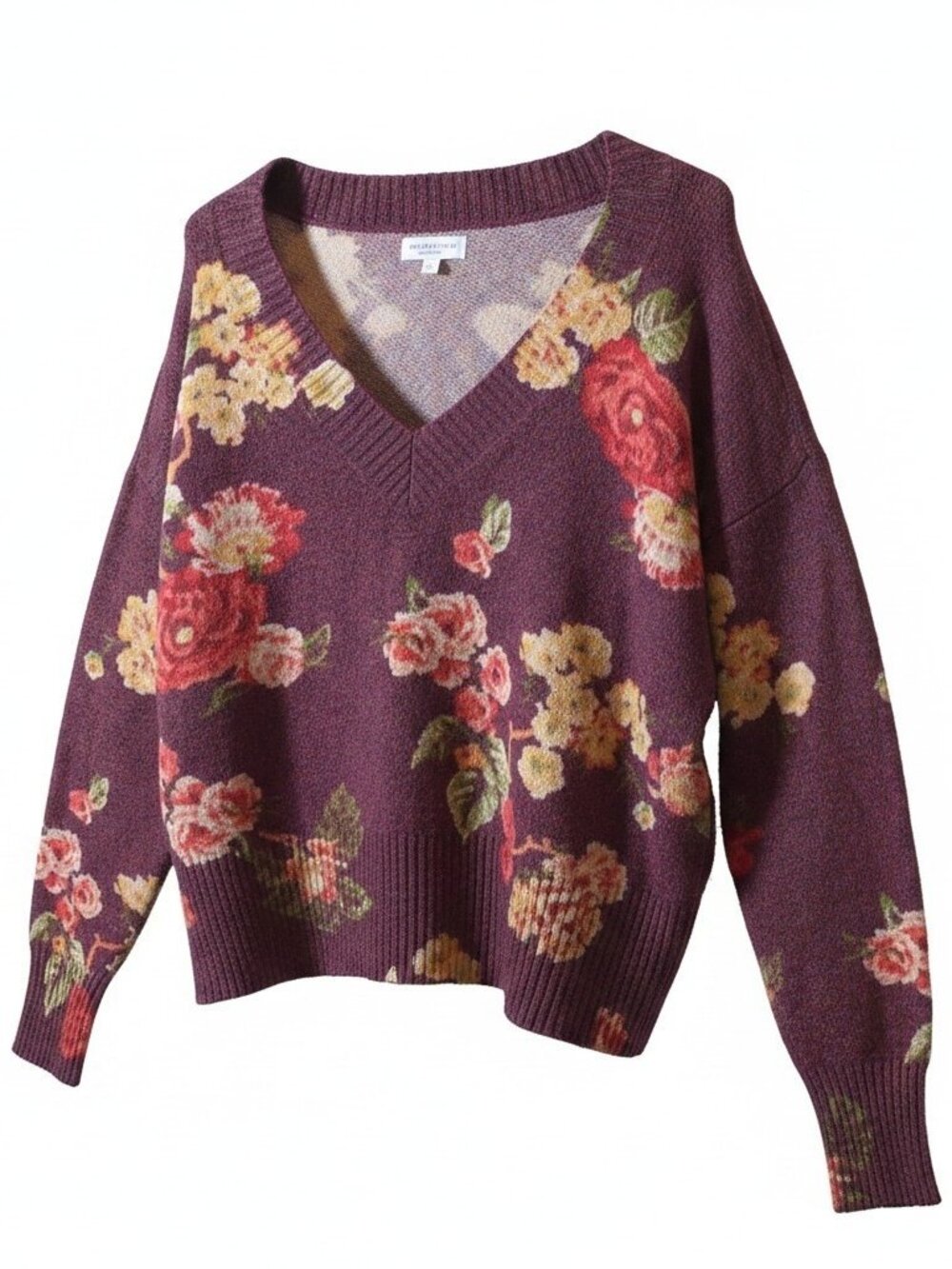LC Lauren Conrad Floral V Neck Sweater Small Plum Purple Cozy Knit Cottagecore